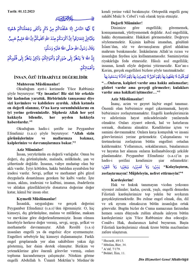 1 Aralık Cuma Hutbesi yayınlandı! 1 Aralık Cuma Hutbesi tam metni! Diyanet 1 Aralık Cuma Hutbesi!