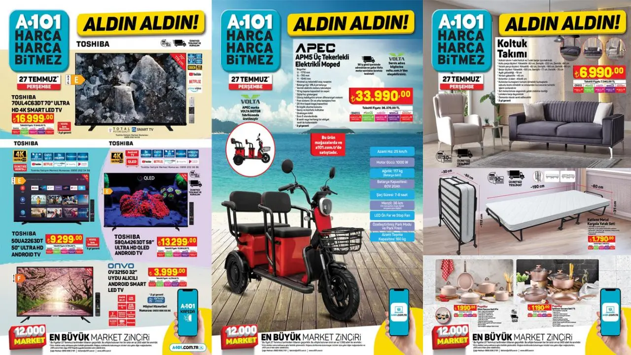 A101 AKTÜEL 27 TEMMUZ 2023 KATALOĞU! Buzluk termos, elektrikli moped, aşurelik ürünler...
