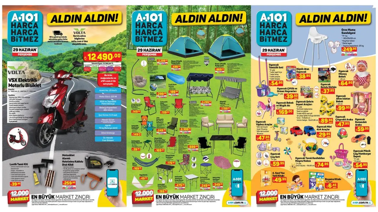 A101 Aktüel 29 Haziran 2023 Kataloğu! Kamp sandalyesi, çadır, buzdolabı, elektrikli scooter