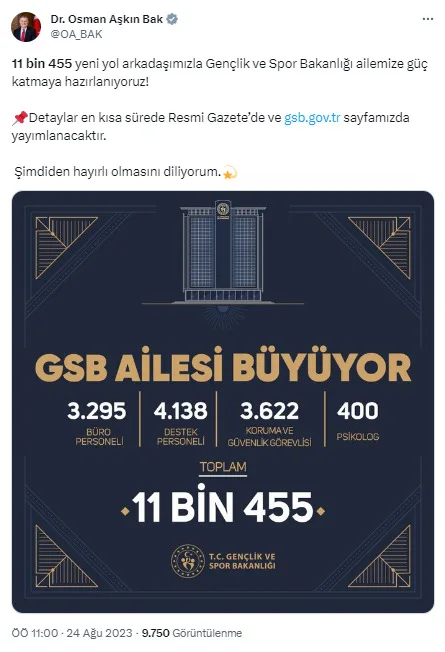 Gençlik ve Spor Bakanlığı'na personel alımı başvurusu ne zaman? GSB 11 bin 455 personel alımı kadrosu hangi mesleklerden oluşuyor?