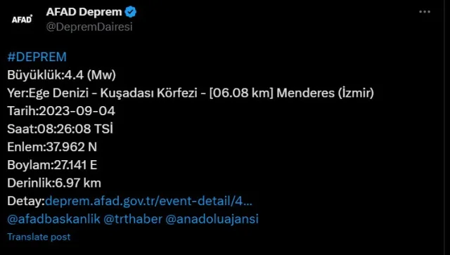 Kuşadası deprem mi oldu? Bugün İzmir, Aydın deprem mi oldu? 4 Eylül deprem mi oldu?