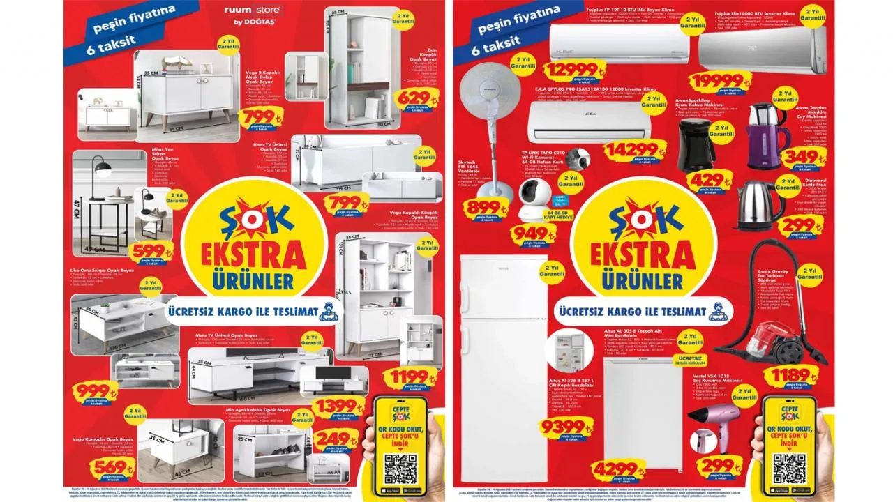 ŞOK aktüel 26 Ağustos 2023 kataloğu! Doğtaş mobilya, E.C.A klima, Wi-Fi kamera, çaycı...