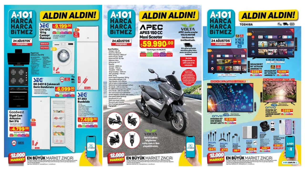 A101 aktüel 25 Ağustos 2023 kataloğu! 150 CC maxi scooter, ankastre set, buzdolabı, 3'lü kolt...