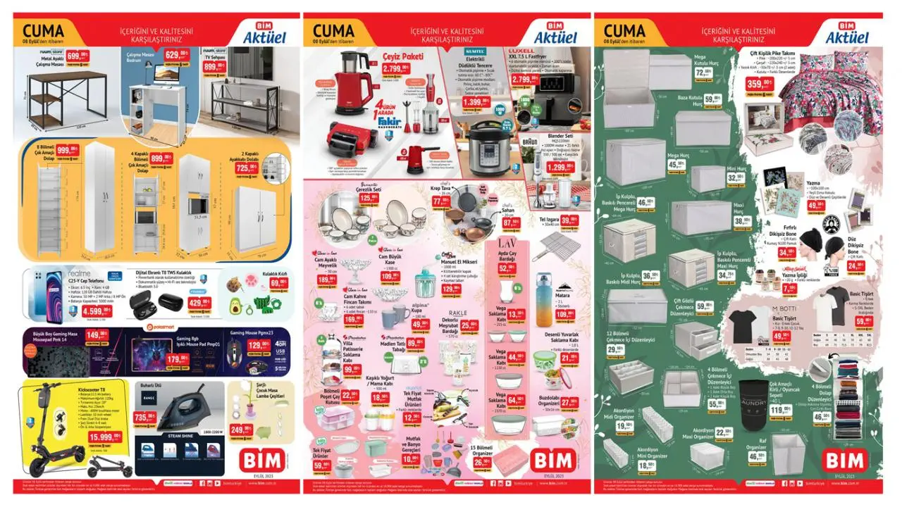 BİM 8 Eylül 2023 Aktüel Katalog Ürünleri! Çeyiz paketi, kickscooter, çok amaçlı dolap...