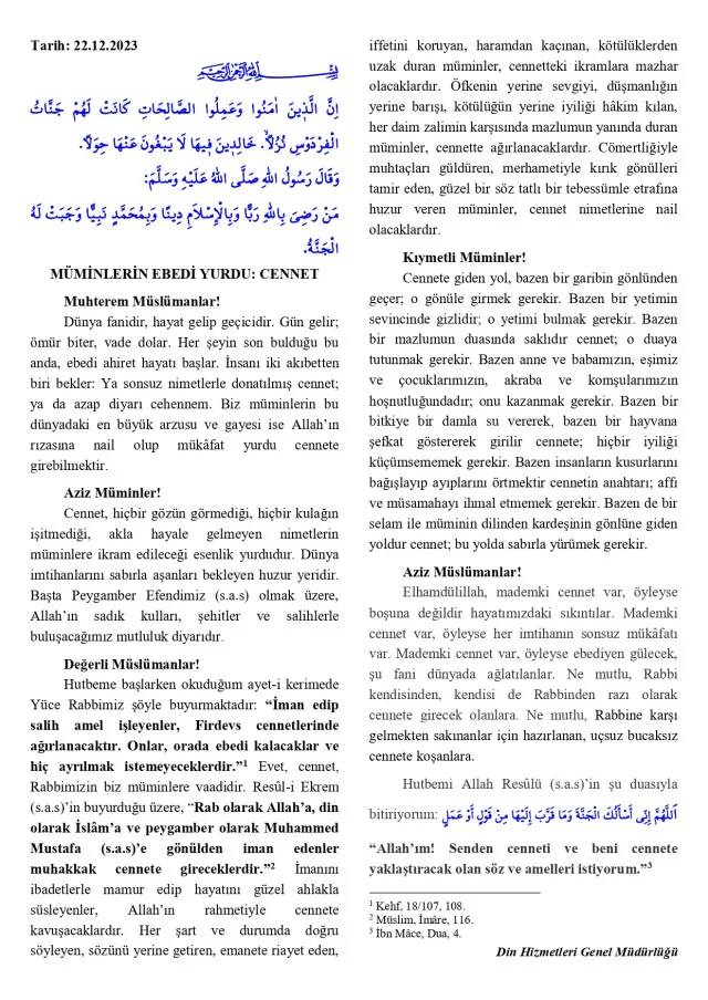 22 Aralık Cuma Hutbesi yayınlandı! 22 Aralık Cuma Hutbesi tam metni! Diyanet 22 Aralık Cuma Hutbesi!
