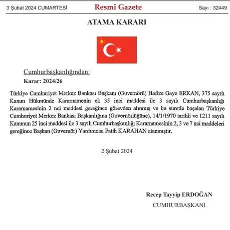 3 Şubat 2024 Resmi Gazete MERKEZ BANKASI ATAMA KARARLARI! Bugünün kararları neler? 3 Şubat Resmi Gazete yayımlandı!
