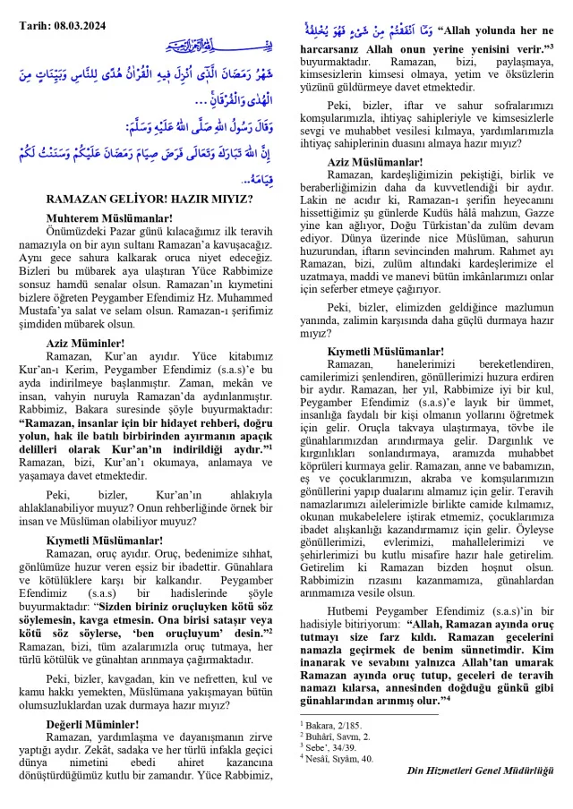 8 Mart Cuma Hutbesi yayınlandı! 8 Mart Cuma Hutbesi tam metni! Diyanet 8 Mart Cuma Hutbesi!