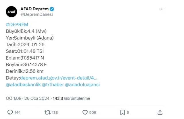Adana'da deprem mi oldu, kaç şiddetinde? 26 Ocak Adana'da nerede deprem oldu?
