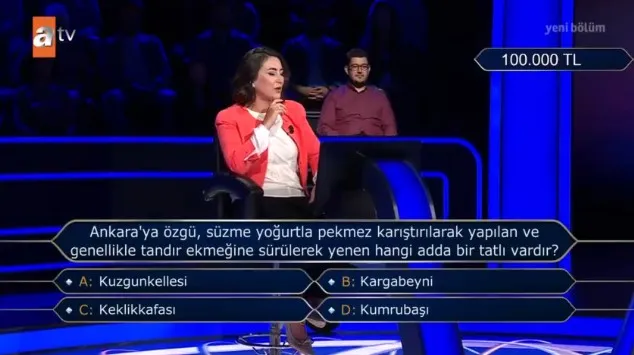 (Ankara'ya özgü, süzme yoğurtla pekmez karıştırılarak...) Kim Milyoner Olmak İster 20 Temmuz Sorusu Cevabı Nedir? 100 Bin TL'lik soru ve cevabı ne?