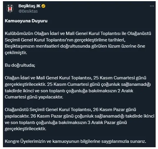 Beşiktaş başkanlık seçimi ne zaman 2023? Beşiktaş'ın Olağanüstü Seçimli Genel Kurul Toplantısı ne zaman yapılacak?