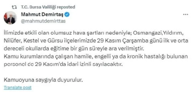 Bursa okullar tatil mi? 28 Kasım Nilüfer, Mudanya'da okullar tatil mi?