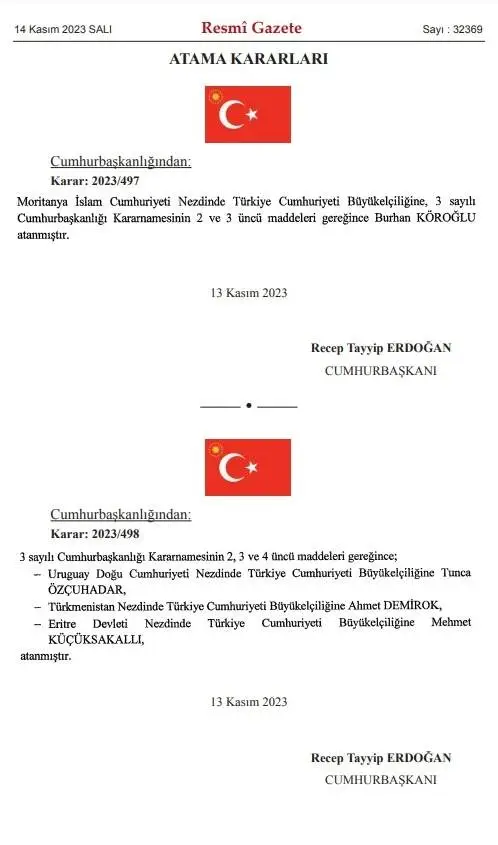 Büyükelçi atamaları Resmi Gazete'de yayınlandı! 14 Kasım Resmi Gazete atama kararları neler?