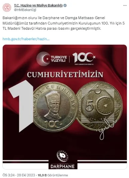 Cumhuriyetin 100. yılı parası kaç TL? Cumhuriyetin 100. yıla özel hatıra parası basıldı mı?