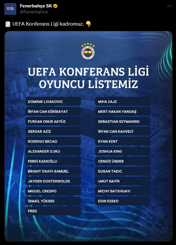 Fenerbahçe'nin UEFA listesi! Kimler var kimler yok? Fenerbahçe'nin Konferans Ligi UEFA isim listesi belli oldu mu?