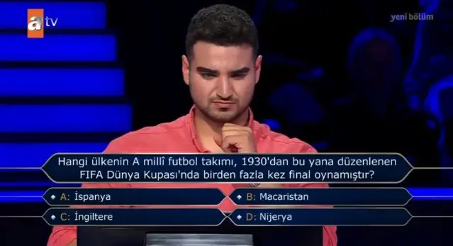 Hangi ülkenin A milli futbol takımı, 1930'dan bu yana düzenlenen FIFA Dünya... Kim Milyoner Olmak İster 10 Ağustos 100 Bin TL'lik Soru ve Cevabı ne?