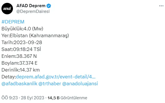 Kahramanmaraş deprem mi oldu? 28 Eylül Kahramanmaraş kaç şiddetinde deprem oldu?