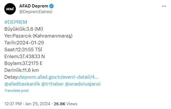 Kahramanmaraş'ta deprem mi oldu, kaç şiddetinde? 29 Ocak Kahramanmaraş'ta nerede deprem oldu?