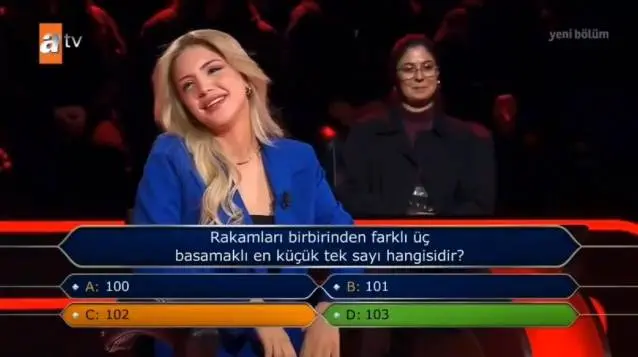 Kim Milyoner'de son bölüm soruları! Rakamları birbirinden farklı üç basamaklı en küçük tek sayı hangisidir?