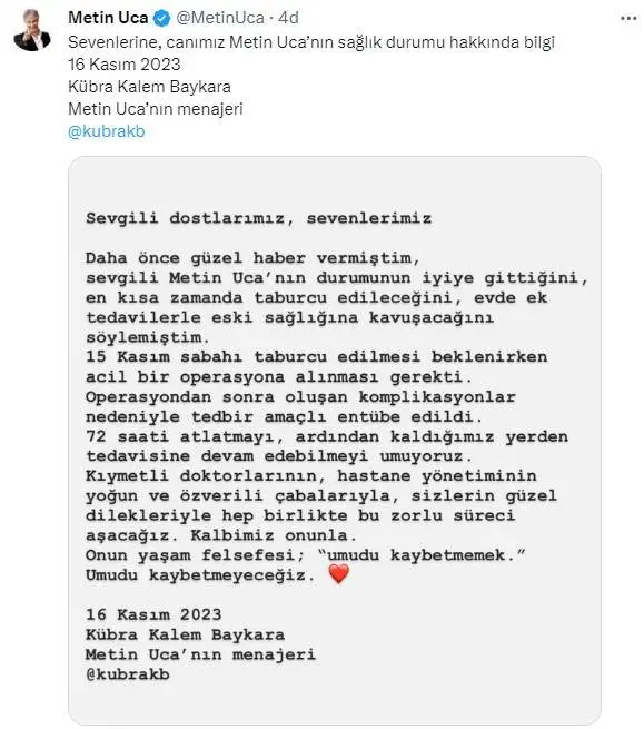 Metin Uca'nın sağlık durumu nasıl? Hasta mı, hastalığı nedir?