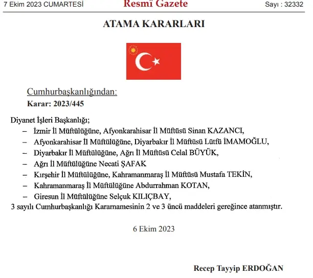 Müftüler kararnamesi yayılandı! İzmir, Afyon, Diyarbakır, Ağrı, Kırşehir, Kahramanmaraş, Giresun il müftüsü kim oldu?
