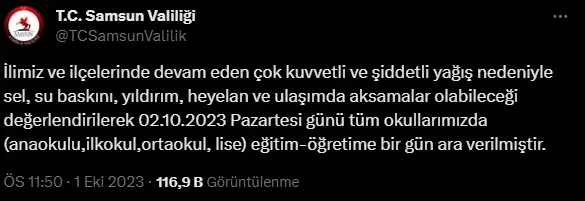 Samsun'da yarın okullar tatil mi? SON DAKİKA! 3 Ekim Salı Samsun'da okullar tatil mi, okul var mı yok mu? Samsun Valiliği açıklaması!