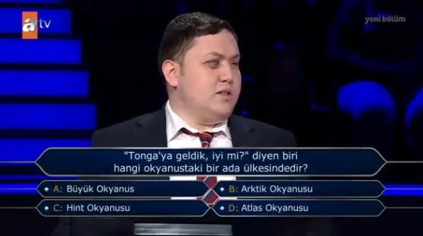 'Tonga'ya geldik, iyi mi?' diyen biri hangi okyanustaki bir ada ülkesindedir. Kim Milyoner Olmak İster 10 Ağustos 100 Bin TL'lik Soru ve Cevabı nedir?